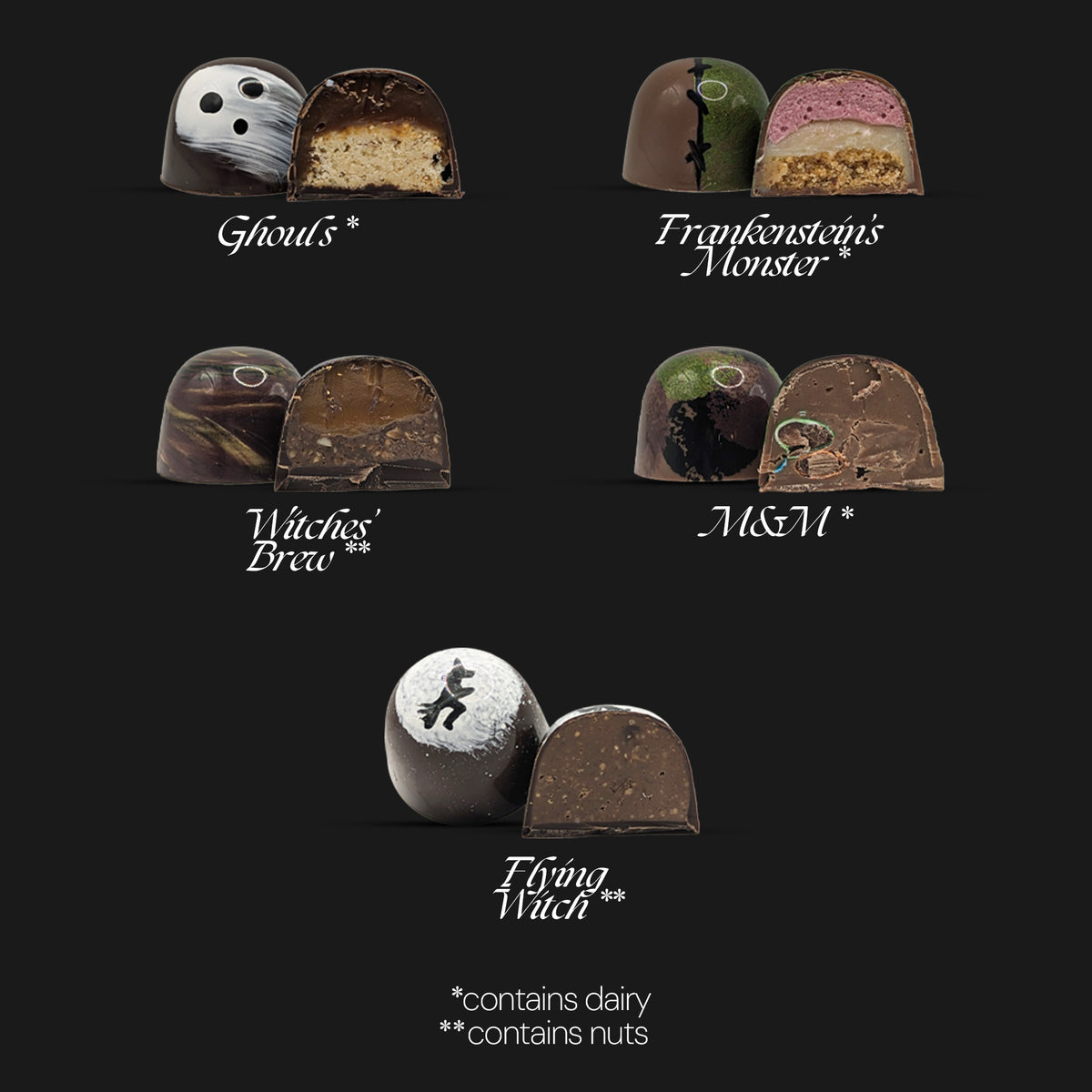 Assorted chocolate truffles with names on a black background